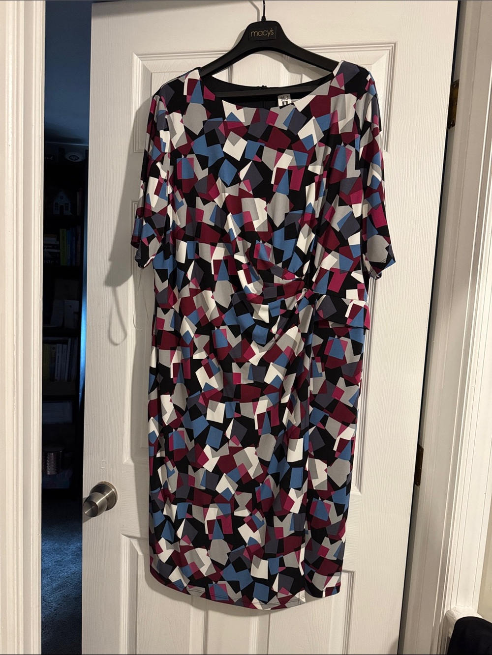 Kasper Geometric Midi Dress in Burgundy, Blue, Black & White